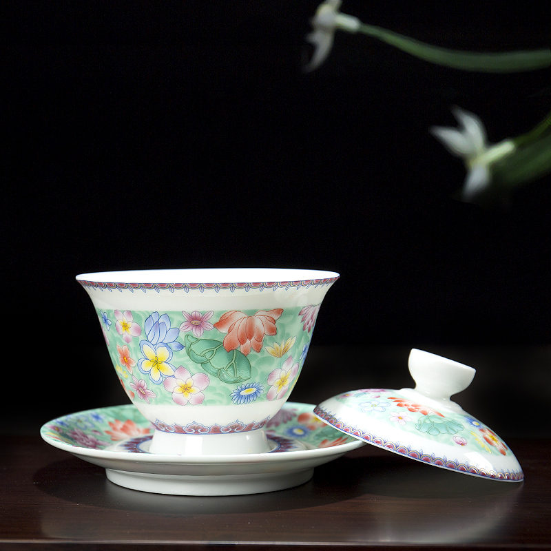 Ronkin three tureen suit only ceramic famille rose colored enamel kung fu tea tea, large restore ancient ways to use