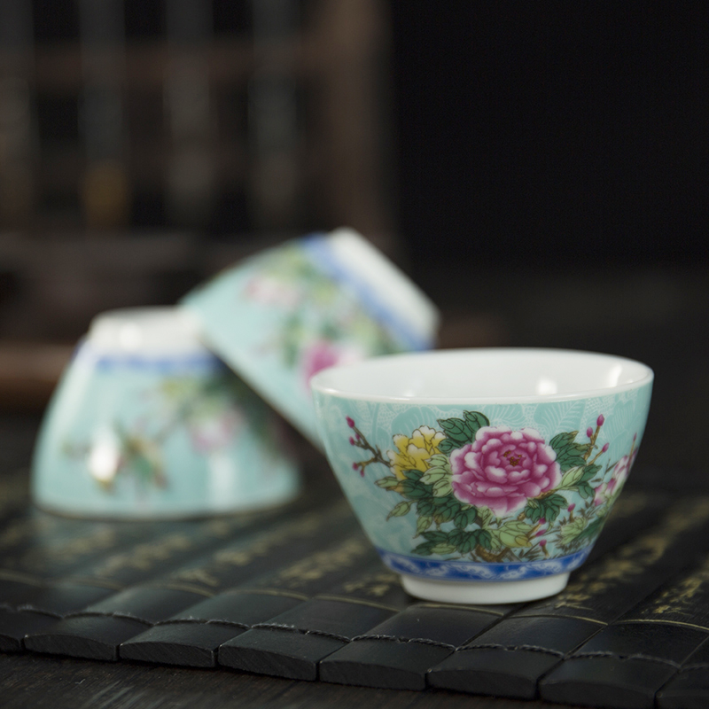 Ronkin ceramic sample tea cup kung fu tea set of single cup six grilled white porcelain enamel flowers masters cup small tea cups