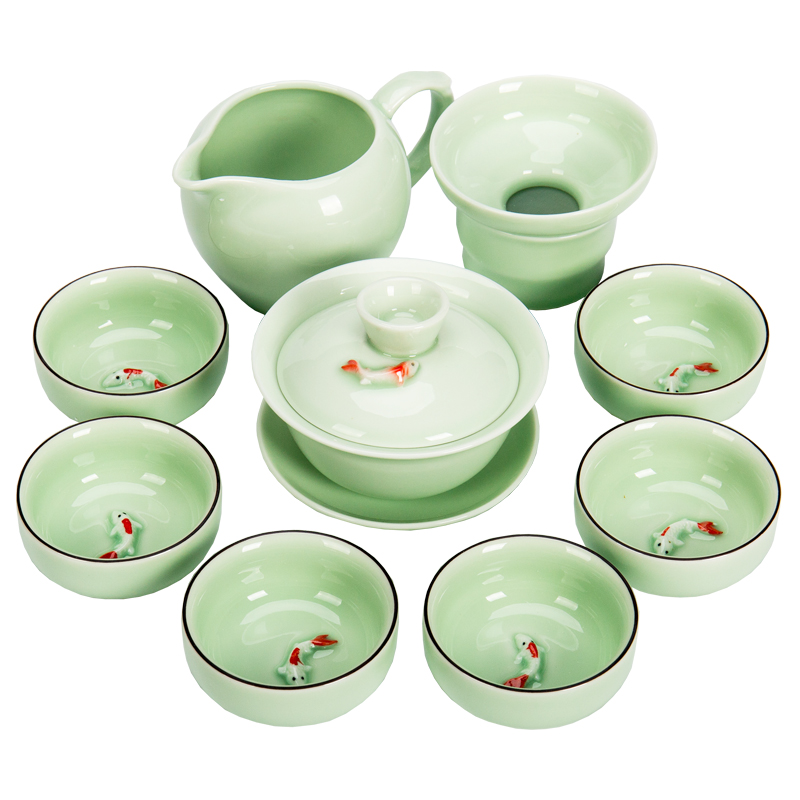 Ronkin calving household kung fu tea set longquan celadon ceramic cups of a complete set of the teapot