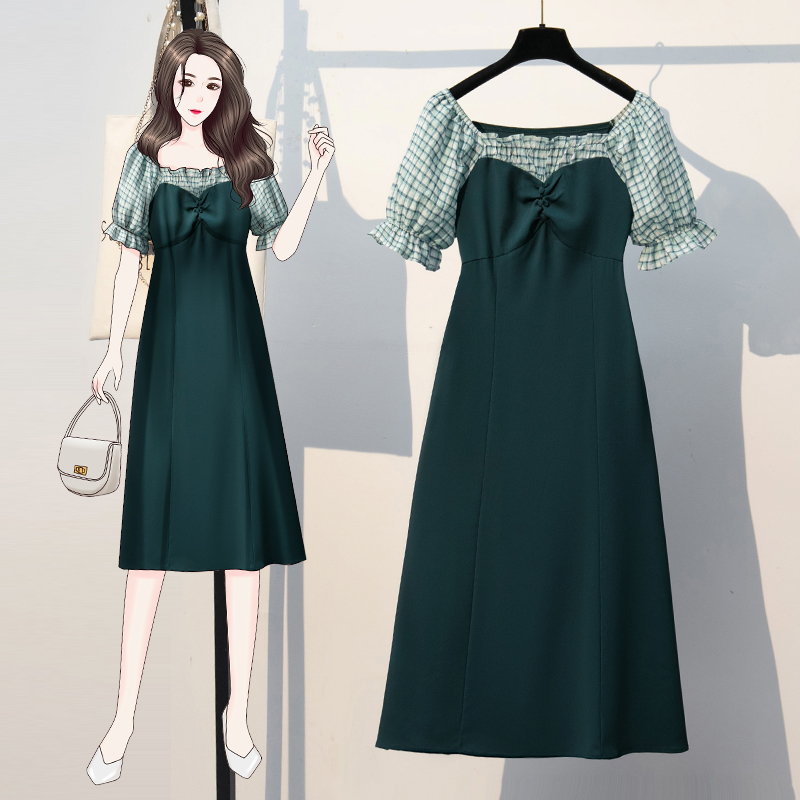 The new bubble sleeve dress green large size, small fresh and sweet temperament in summer 2021