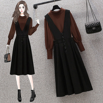  2021 autumn fat sister plus size womens strap dress fashion cover meat thin Western style two-piece suit