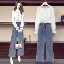 Early spring 2021 new large size womens clothing fat sister thin chiffon shirt wide leg pants denim two-piece suit