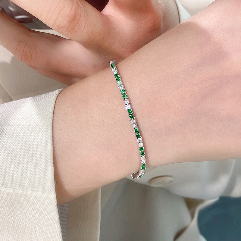 Full Diamond Emerald Bracelet for Women, Sterling Silver Tennis Chain, Green Diamond, Light Luxury Colored Diamonds, Colored Gemstones, Emerald, Artificial Diamonds, Crushed Diamonds