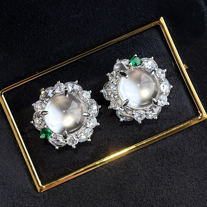 High-Grade Water Foam Jade Earrings for Women, Pure Silver Ice-Type Earrings, Jade Chalcedony Cabochon Earrings, Quartz Rock Jade Comparable to Jadeite