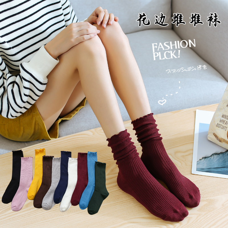 Angola Red Socks for Women, Spring and Autumn, Burgundy, Preppy Style, Cute Lace Ruffle Socks, Japanese Style Long Socks, Mid-Calf Socks