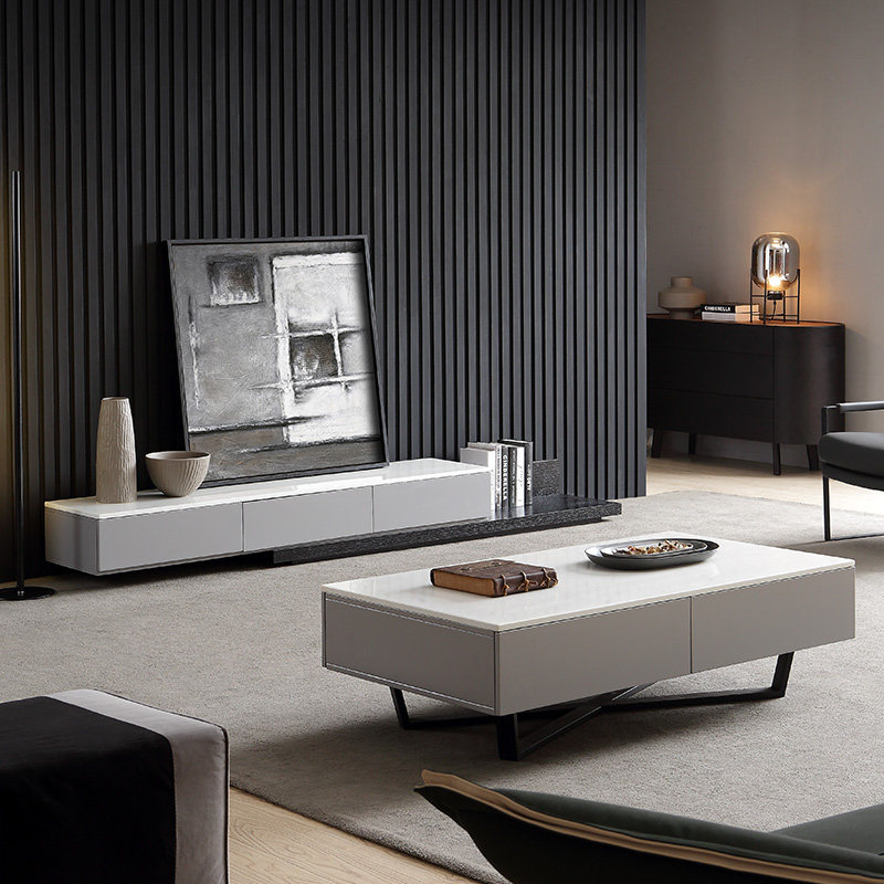 Nordic marble tea table TV cabinet Combined Italian style modern minimalist small family living-room rock plate telescopic lockers