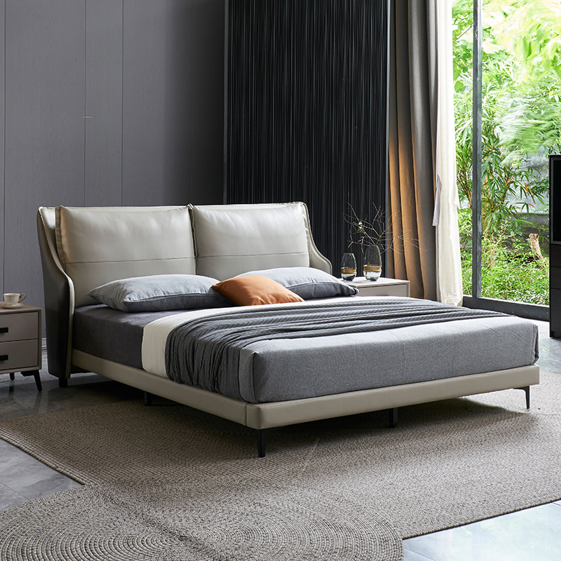 Nordic Light Lavish Genuine Leather Bed Master Bedroom Minimalist Modern Small Household Type Extremely Minimalist Headlining Bull Leather Designer Double Bed