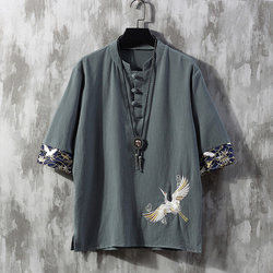 Linen Short Sleeve T-Shirt Men's Embroider Summer Thin Loose Plus Size Tang Suit Clothes Chinese Style Men's Clothing Cotton and Linen T-shirt