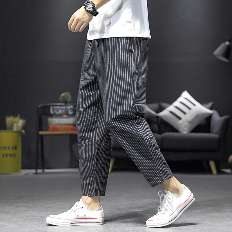 Black Striped Pants for Men, Spring and Summer Loose Fit Sports Pants, Casual Cropped Pants, Trendy Harem Pants Black Striped Pants for Men, Spring and Summer Loose Fit Sports Pants, Casual Cropped Pants, Trendy Harem Pants