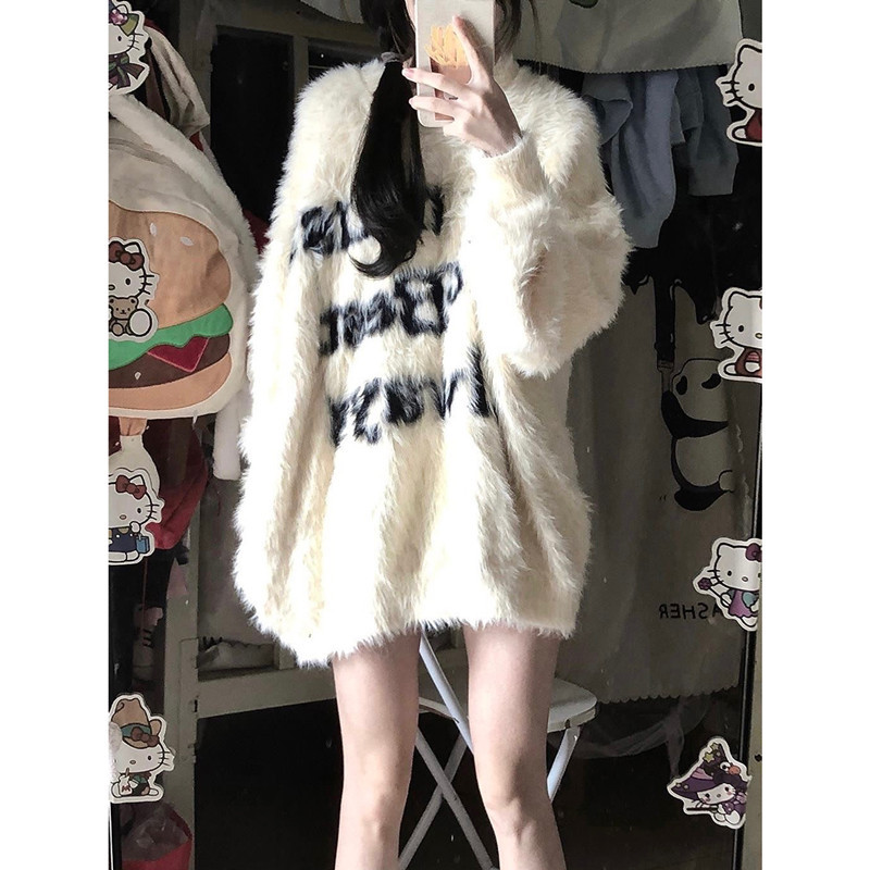 Sweet Letter Jacquard Mink Fur Sweater for Women, New Autumn and Winter Style, Loose Fit, Couple's Round Neck Knit Top, Trendy