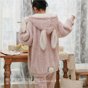 Rabbit ear coral velvet pajamas for women in winter sweet and cute student thickened flannel autumn and winter home clothes set