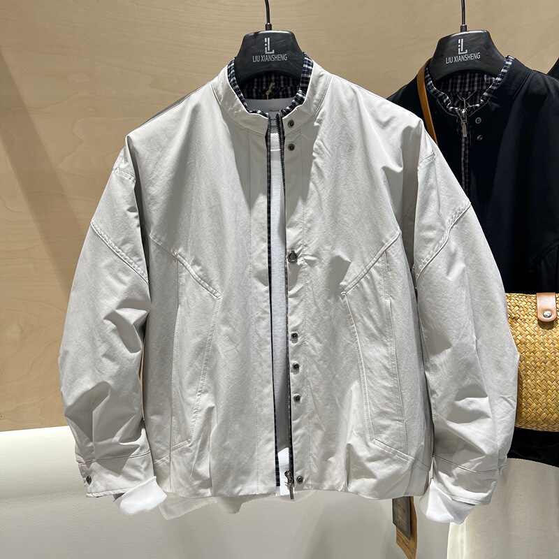 Men's Stand Collar Jacket, New Autumn 2026 Style, Plaid Patchwork, Faux Two-Piece, American-Style Breathable Sports Thin Jacket