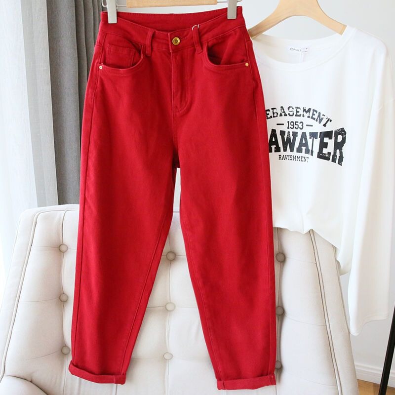 Red Jeans for Women 2026 Spring New Casual Pants Cropped Petite Straight-Leg Pants Carrot Harem Pants