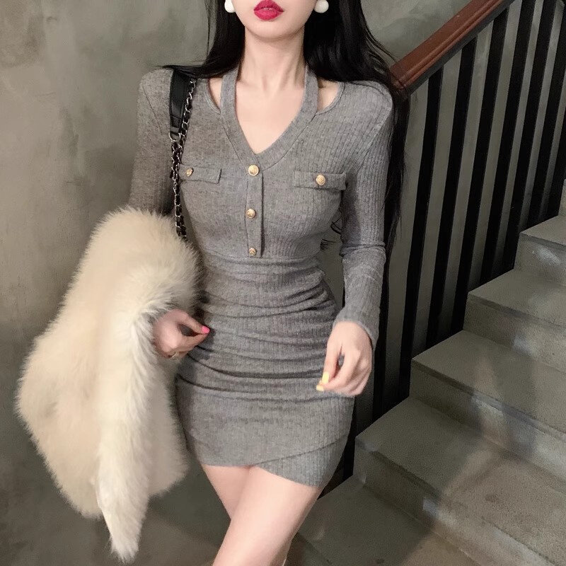 2023 autumn winter new hanging neck swarm dress sexy dress lady bottom skirt Fashion hot girl slim fit skinny dress-Taobao