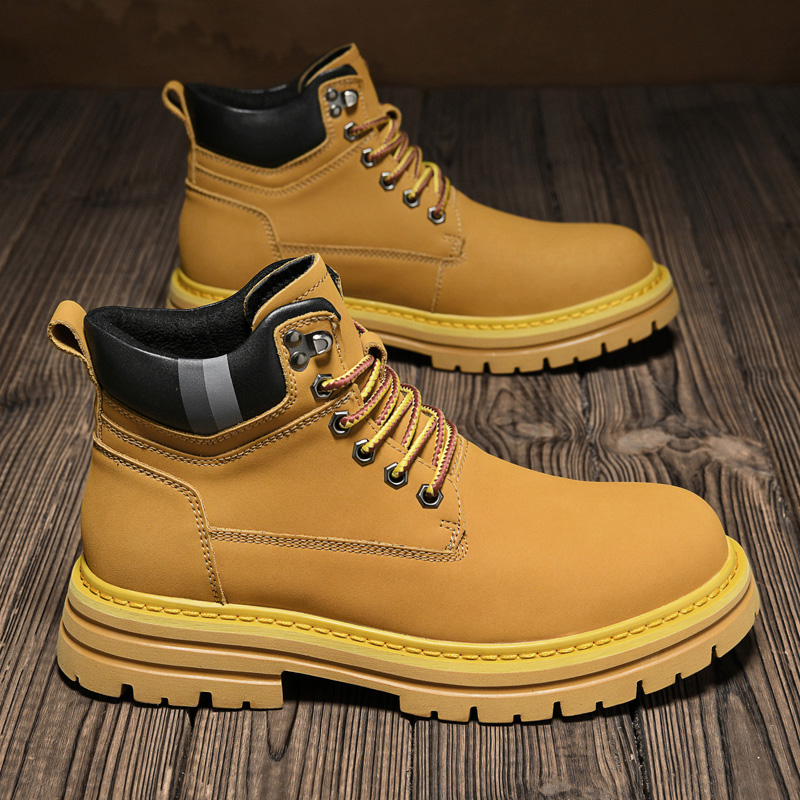 Thick-soled Martin boots men's leather retro rhubarb boots mid-top yellow tooling boots winter men's high-top shoes