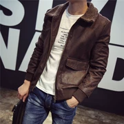 Nhật Bản retro mùa thu và mùa đông da nam áo khoác da ấm áp cotton nam lông cừu cổ áo dày áo khoác da xe máy
