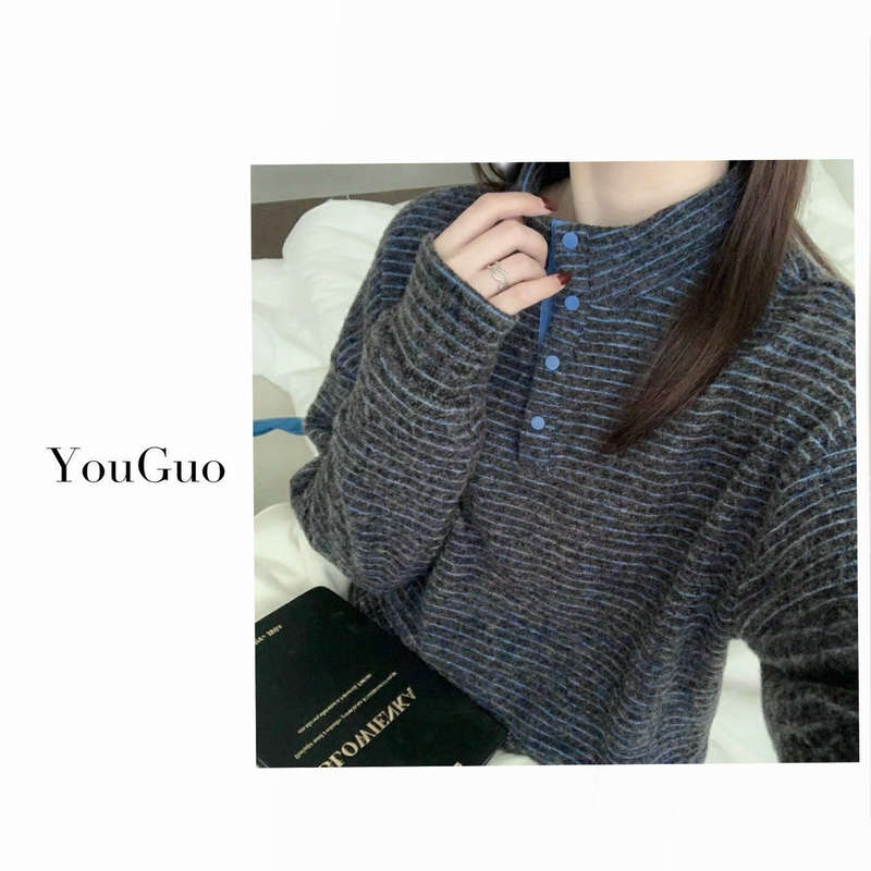 Youguo - [Zebra Forest] Korean-Style Autumn Rabbit Fur Casual Sports Striped Half-High Collar Button-Up Sweatshirt