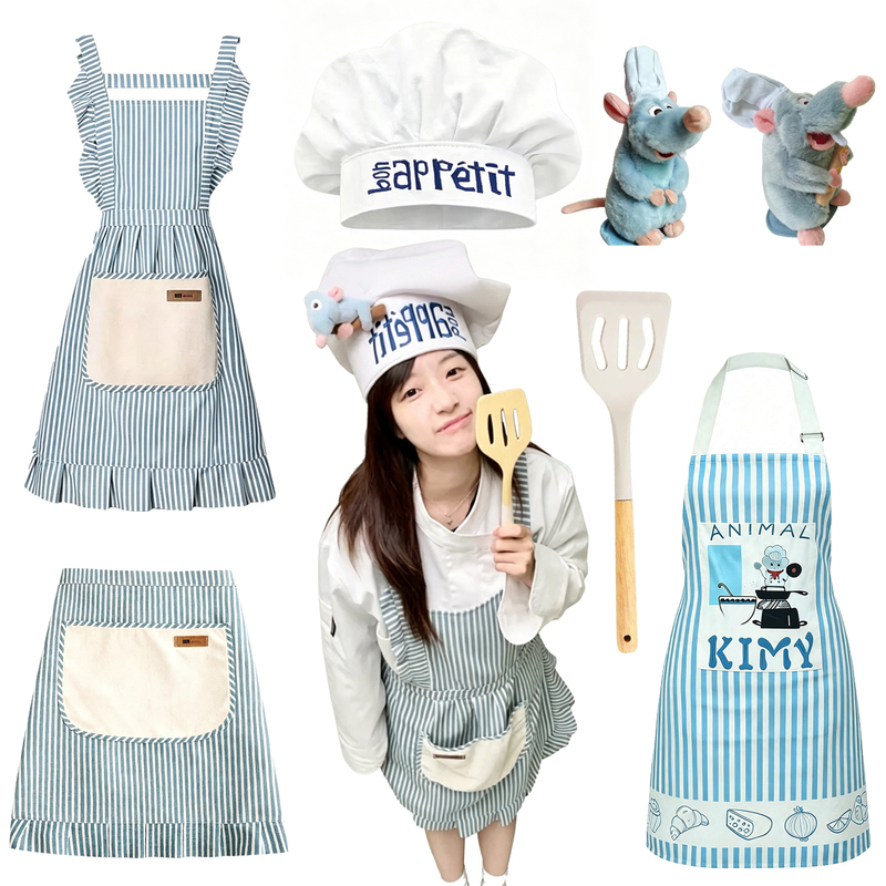 Ratatouille Cosplay Costume Chef Hat Blue and White Apron Mouse Doll Magnetic Pendant Headband Halloween Props Ratatouille Cosplay Costume Chef Hat Blue and White Apron Mouse Doll Magnetic Pendant Headband Halloween Props