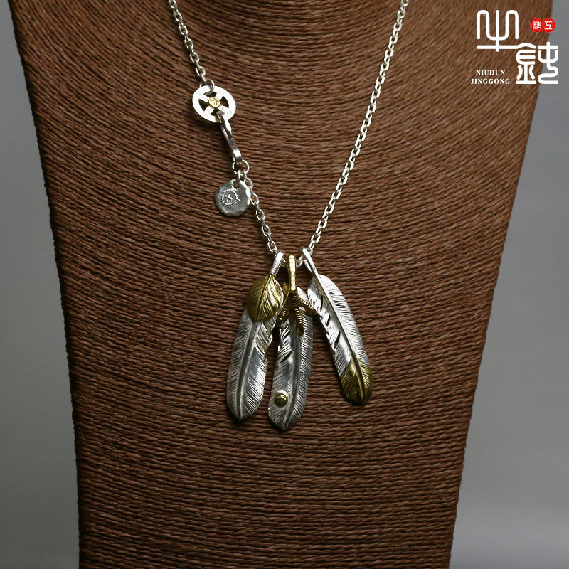 Cattle blunt precision Takaqiao three feather necklace set fine angle corner pendant 925 pure silver sleeve chain