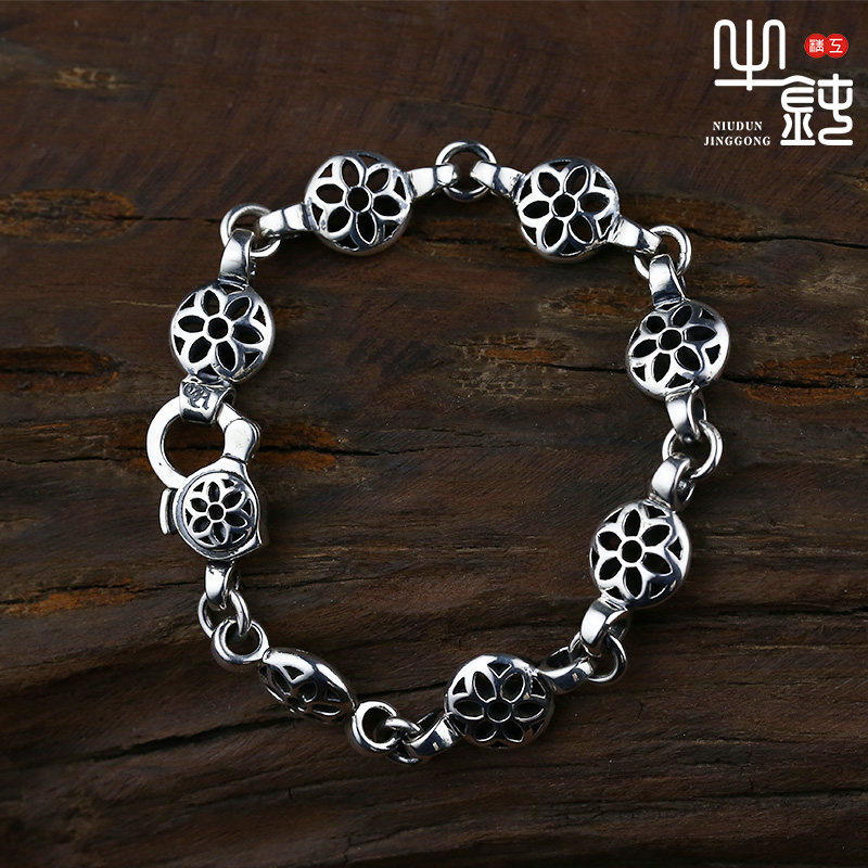 Bull blunt craft good art cherry blossom bracelet in Europe and America popular bracelet 925 pure silver hand - inscribed couple