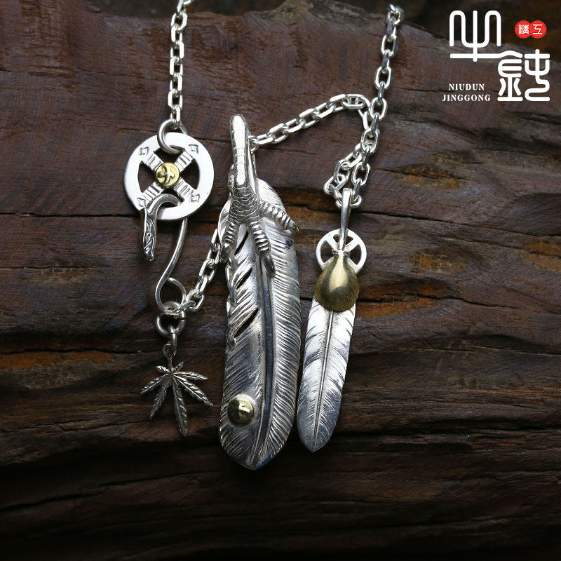 Bull blunt Seiko Takaqiao Feather Necklace Pending Set 925 pure silver hand silver - ornament couple Zhou Yangqing same style