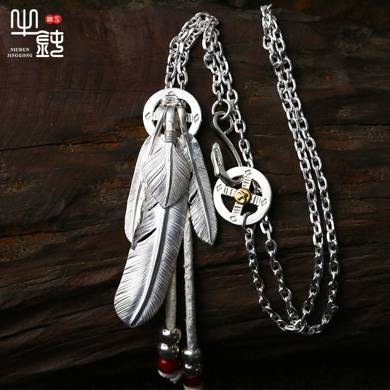 Bull blunt precision Takaqiao silver feather chain small feather pendant hand - inscribed 925 pure silver ornament couple