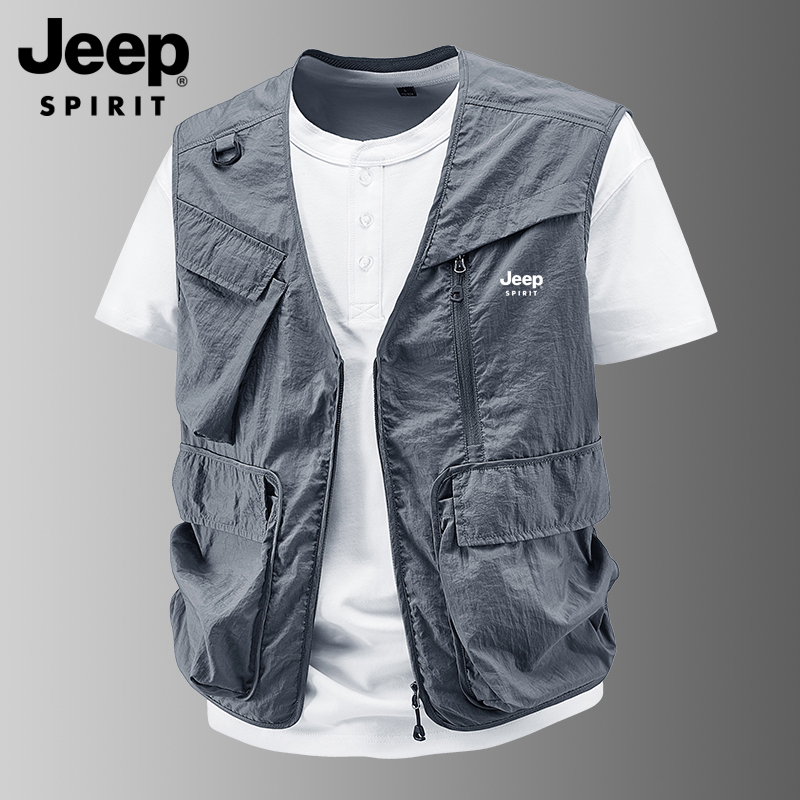 Jeep Jeep Sun Protection Vest for Men, Summer Ice Silk Quick-Drying Multi-Pocket Lightweight V-Neck Vest