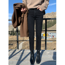 YANGLE black jeans womens nine-point straight frame fleece pipe pants autumn 2021 New velvet pants