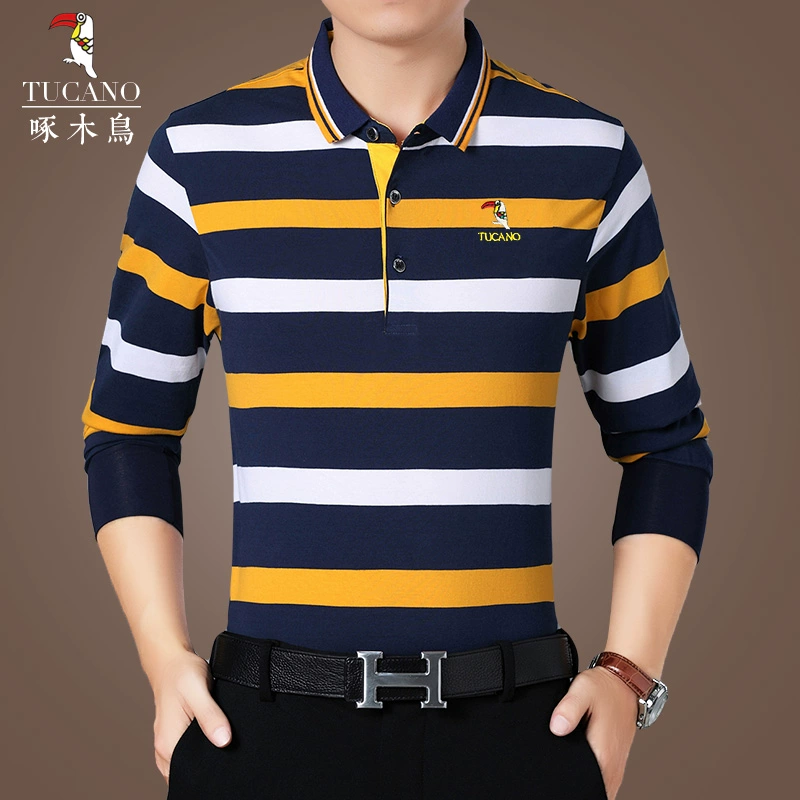 Woodpecker sọc ve áo cotton mùa xuân áo thun dài tay nam lỏng lẻo kinh doanh trung niên áo sơ mi POLO từ bi - Áo phông dài