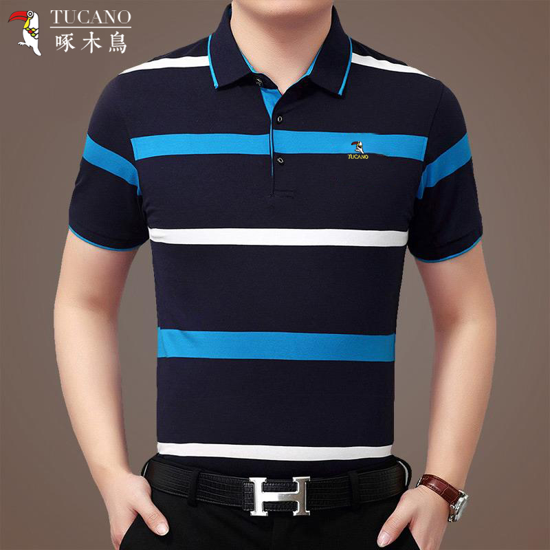 Woodpecker Cotton Short Sleeve T-shirt Male Middle Aged Lapel 2021 Summer New Business Casual Stripe Polo Shirt