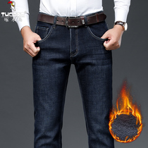 Woodpecker mens jeans plus velvet padded casual loose stretch mens pants winter middle-aged big size straight pants