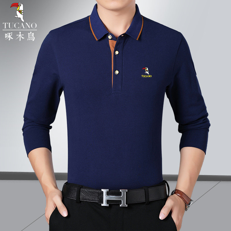 Woodpecker Fall Daddy Loaded Pure Cotton Long Sleeve T-Shirt Male Loose Casual Middle-aged Business Pure Polo Shirt Tide