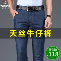 Woodpecker summer thin tencel jeans mens loose straight trousers middle-aged business casual stretch pants