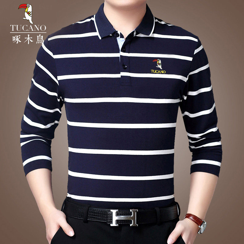 Woodpecker pure cotton long sleeve T-shirt male spring clothes turn over daddy dress middle age streaks with collar polo shirt trend