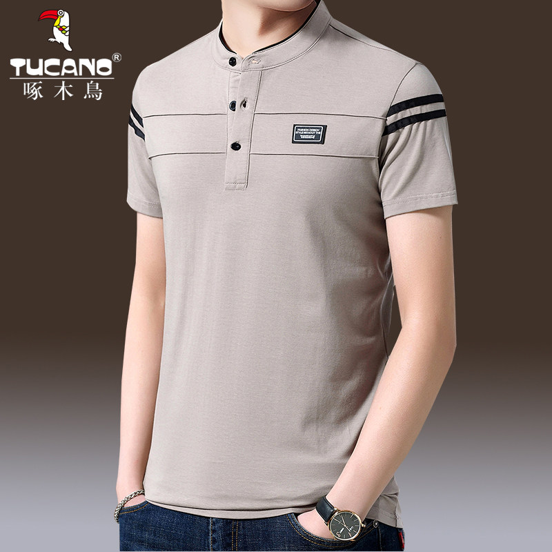 Woodpecker summer short-sleeved t-shirt men's loose cotton half-sleeved T-shirt trend solid color stand-up collar men's polo shirt tide