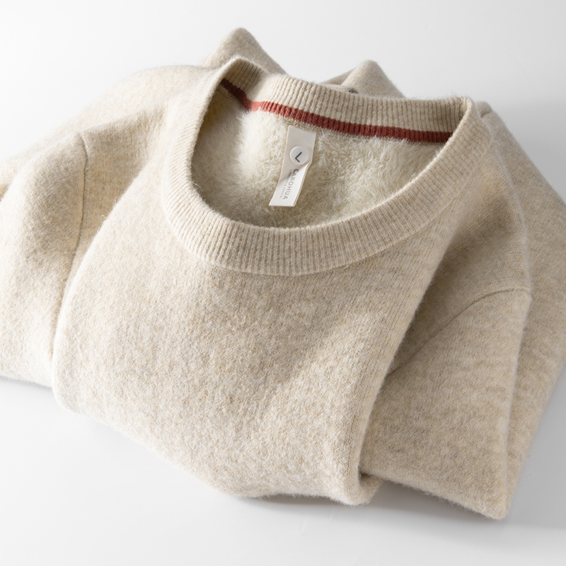 One-Piece Fleece Round-Neck Men's Sweater, Wool Sweater, Sheep Wool Base Layer, Knitted Sweater, Fleece-Lined and Thickened Sweater for Autumn and Winter