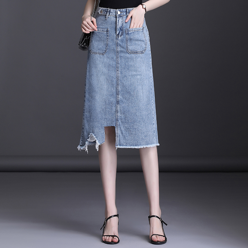 Lưng cao woolly denim váy váy nữ mùa hè 2020 dài hiển thị mỏng không thường xuyên thư túi hông bước váy váy