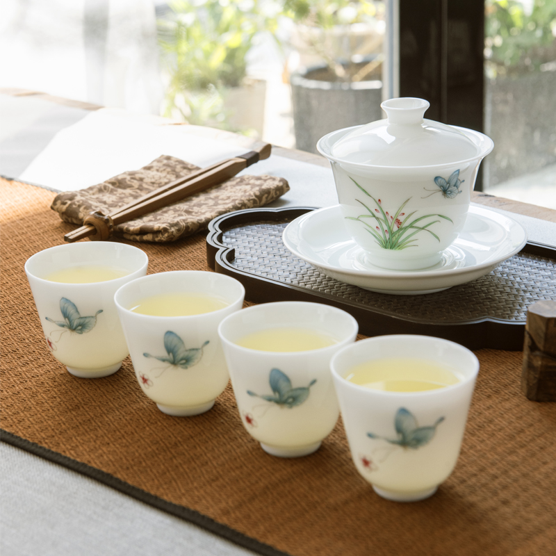 Jingdezhen ceramic cups manually kung fu tea set suit household hand made blue butterfly case white porcelain tureen tea cups