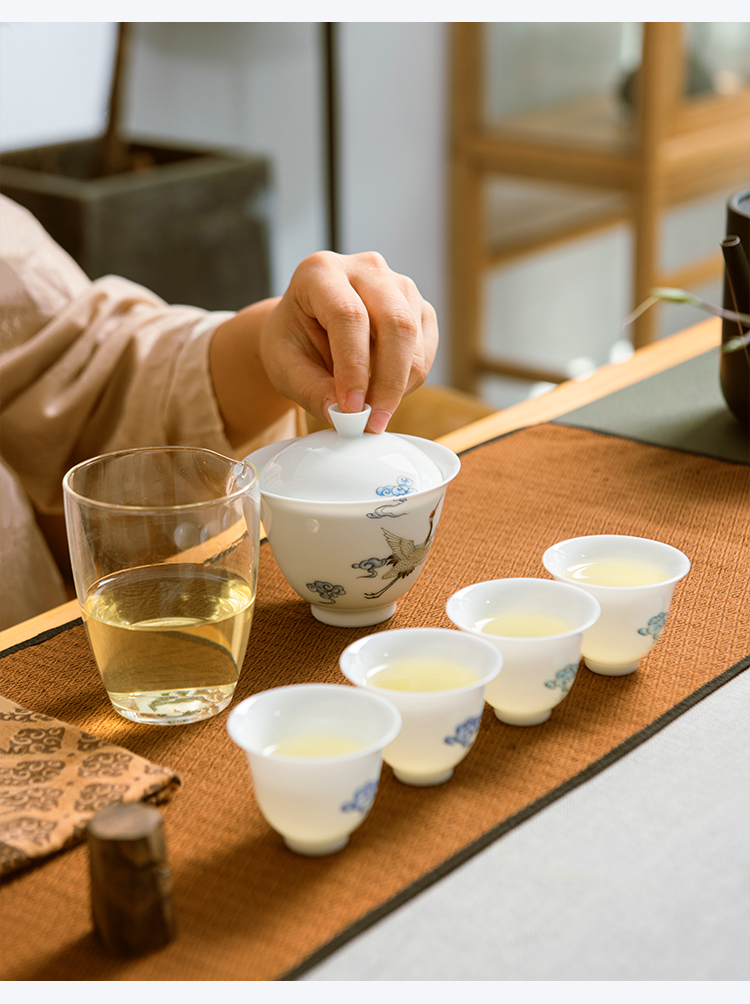 JingLan jingdezhen ceramic tureen kung fu tea cup hand - made xiangyun cranes high - grade hand - made gift set