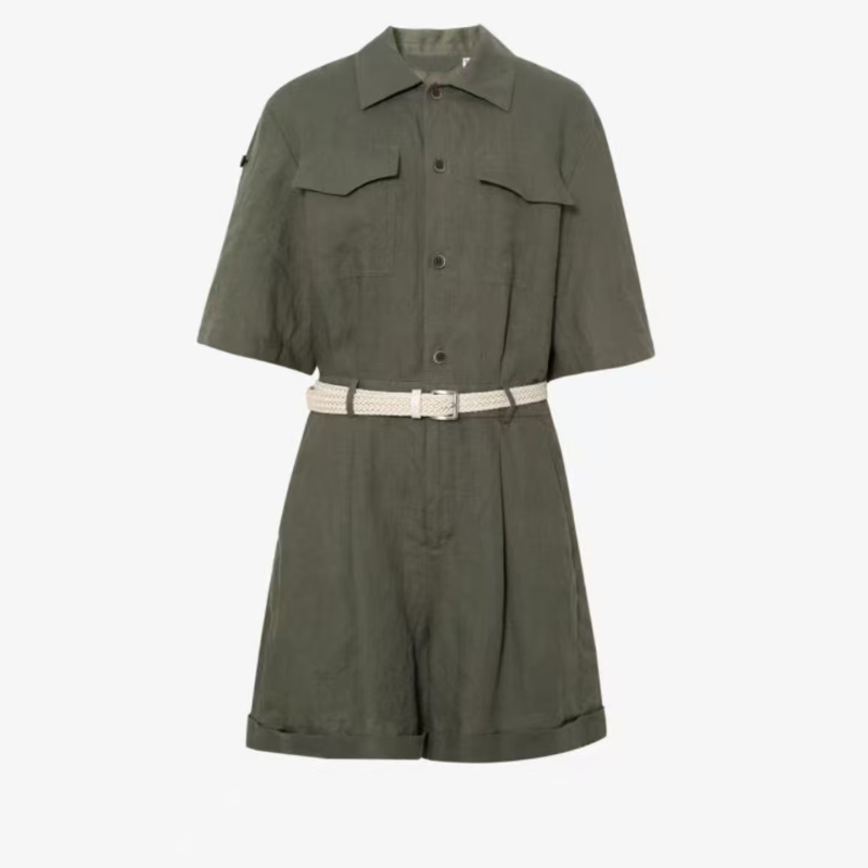 Maijia Mall Same Style 26 Summer Women's m Army Green Old Money Style Retro Linen Workwear Jumpsuit Shorts 5H5190611