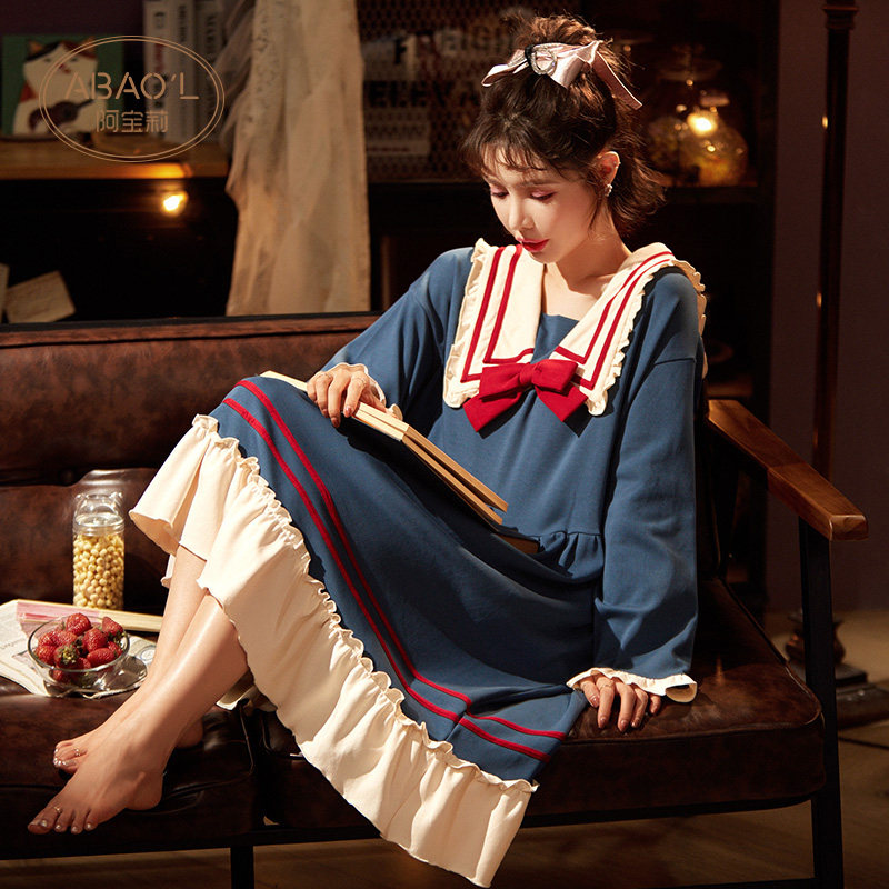 Long Sleeve Sleeping Dress Woman 2021 New Spring Autumn Summer Pure Cotton Cute Day Ensemble Sweet princess Wind can be worn outside the home clothes