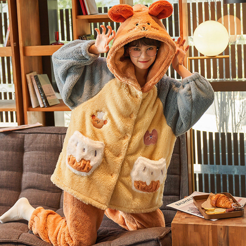 Suit Pajamas Lady Autumn Winter Plus Suede Thickened Winter style Cute Coral Suede Household Clothing Flannel can be worn out