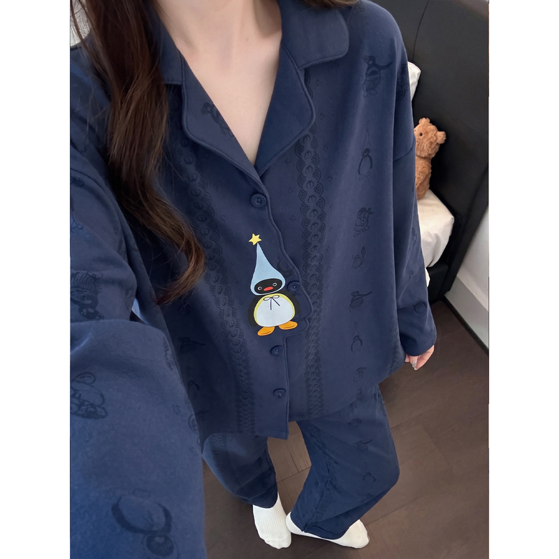 2026 Spring and Autumn New Vintage Navy Blue Pajamas for Women Sweet Cool Penguin Print Long Sleeve Long Pants Homewear Set