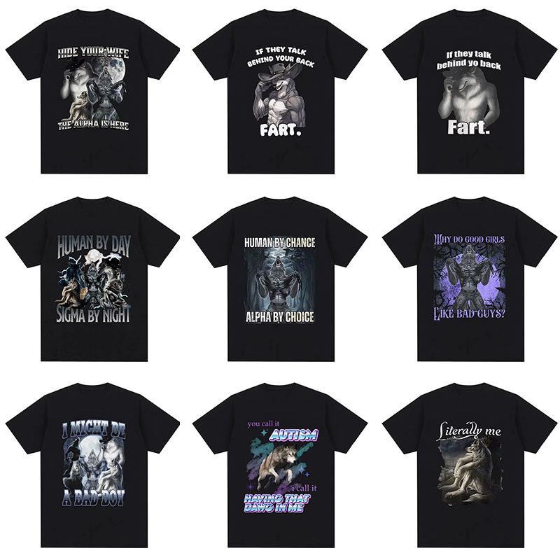 New Interesting Wolf-Themed Short-Sleeve T-Shirt for Men, Loose Street-Style Vintage Sitting Wolf Clothing