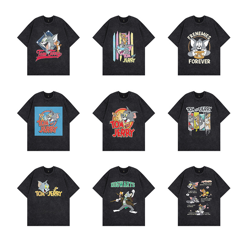 American High Street Vintage Cartoon Tom and Jerry Short-Sleeve T-Shirt, Loose Fit, Washed, Drop Shoulder Men's Tee