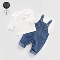 Baby fashionable denim overalls spring and autumn one-year-old girls snap-button jumpsuit boys baby pants spring clothing