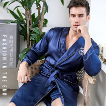 Mens nightgown Thin long-sleeved trousers suit pajamas Mens embroidery loose ice silk bathrobe Large size silk mens pajamas