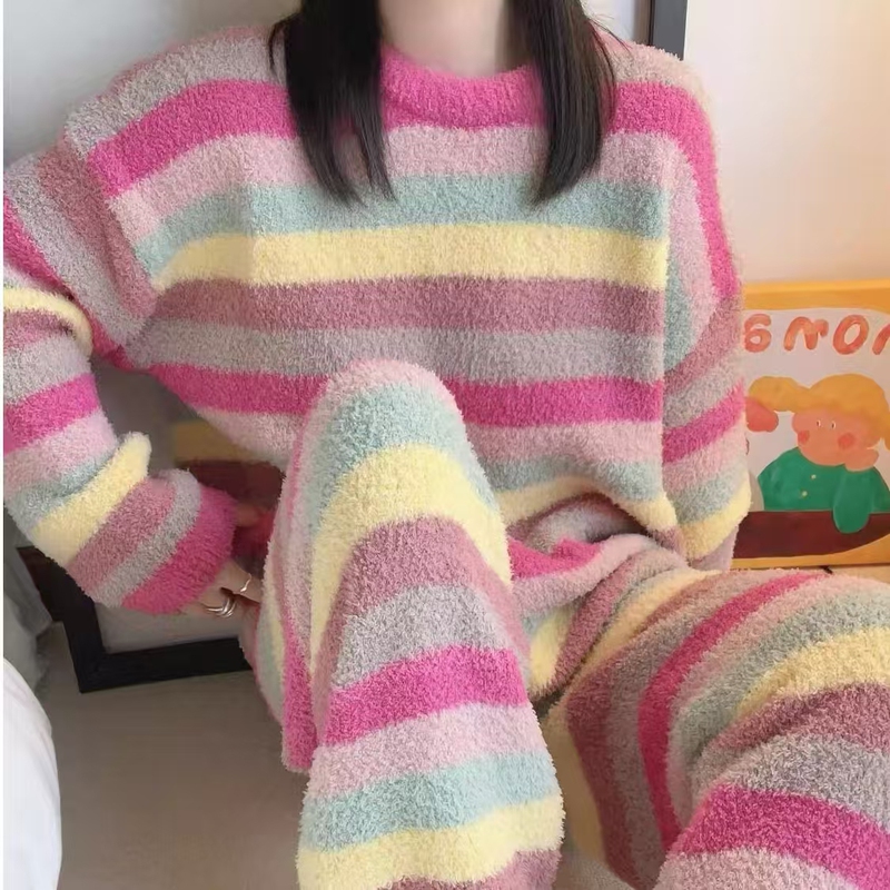 Dopamine Rainbow Striped Coral Velvet Pajamas for Women, New Winter Style, Fleece-Lined and Thickened Flannel Loungewear Set