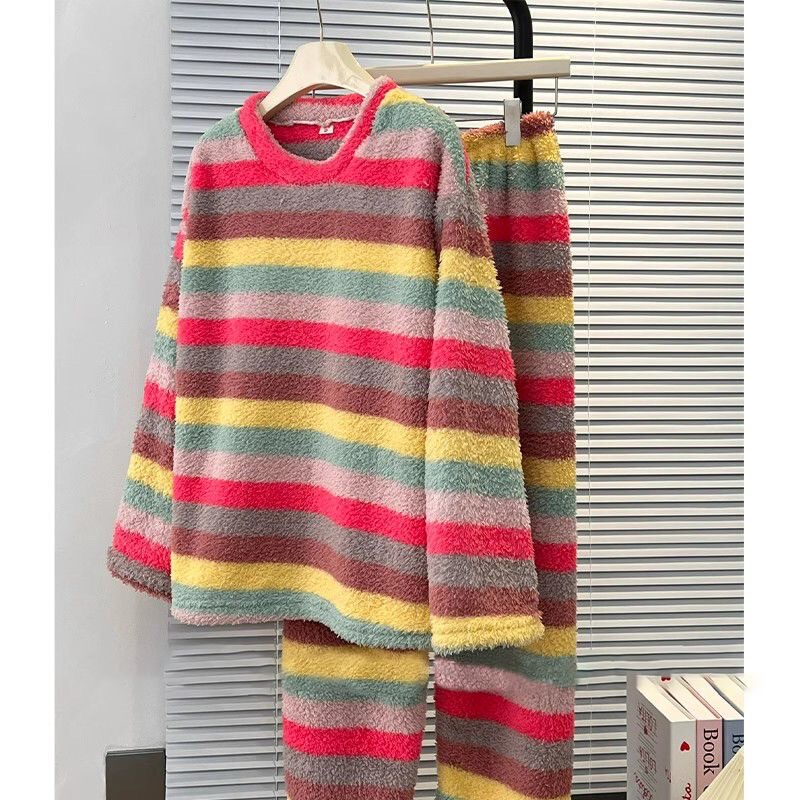 Internet-Famous Rainbow Striped Half-Velvet Pajamas for Women, Winter Thickened and Fleece-Lined, 2025 New Style, Warm Winter Home Set