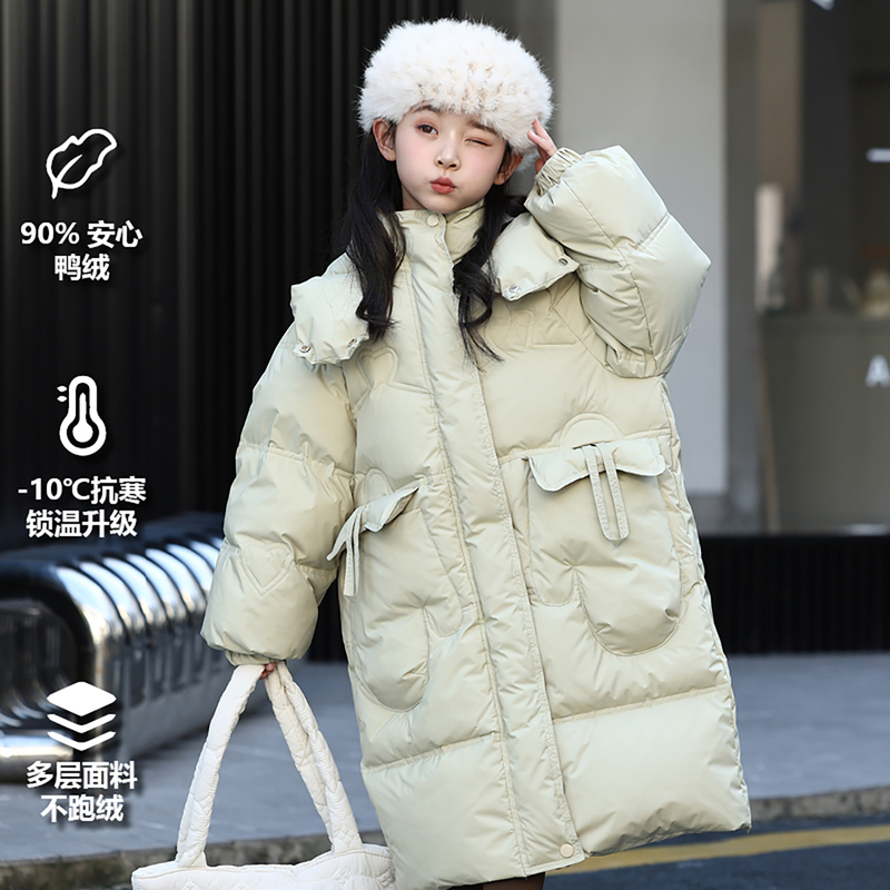 Children's down Jacket for Girls, Mid-Length, Korean Style, for Older Children, White Duck Down, Thickened, Stylish, Winter Warm Hooded Coat Children's down Jacket for Girls, Mid-Length, Korean Style, for Older Children, White Duck Down, Thickened, Stylish, Winter Warm Hooded Coat